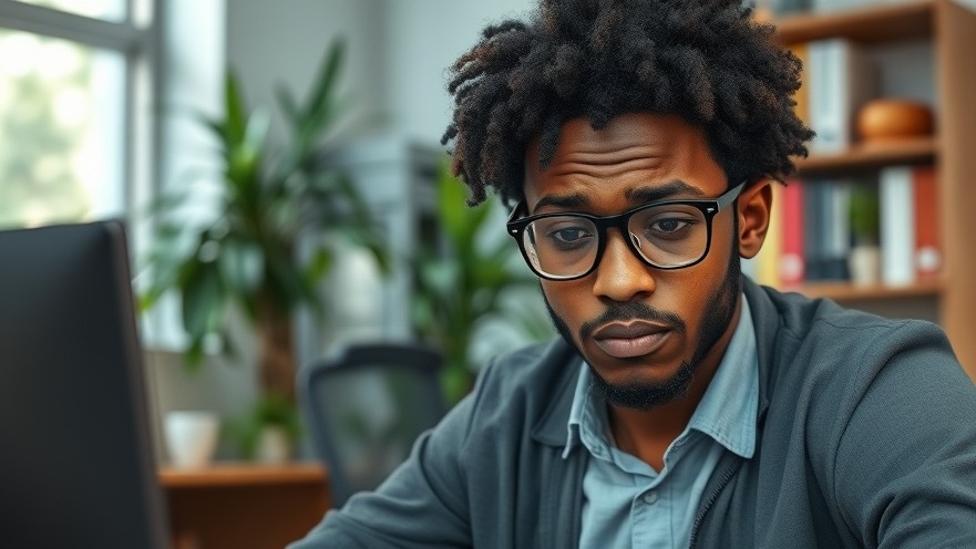 Young African man overcoming procrastination at a desk, surrounded by plants and books.