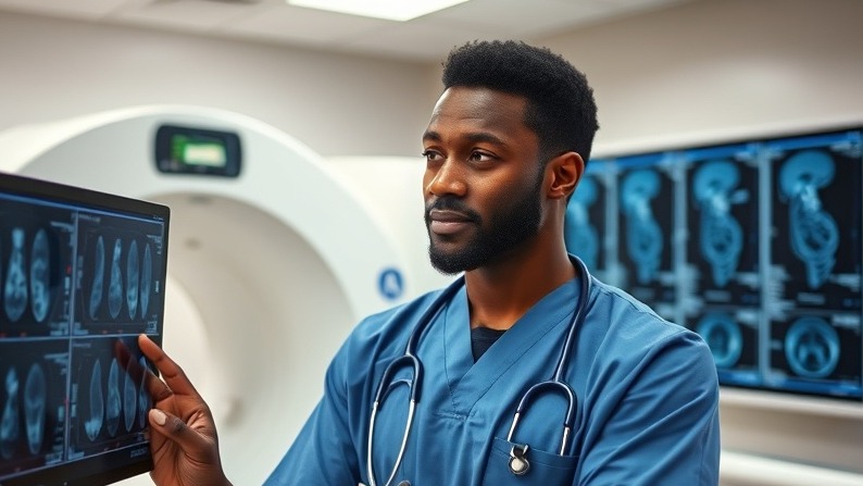African medical professional discussing MRI scans in a modern hospital setting.