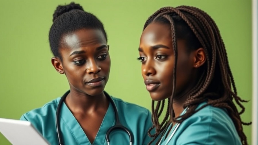 African nurse demonstrating patient care compassion in a vibrant clinical setting.