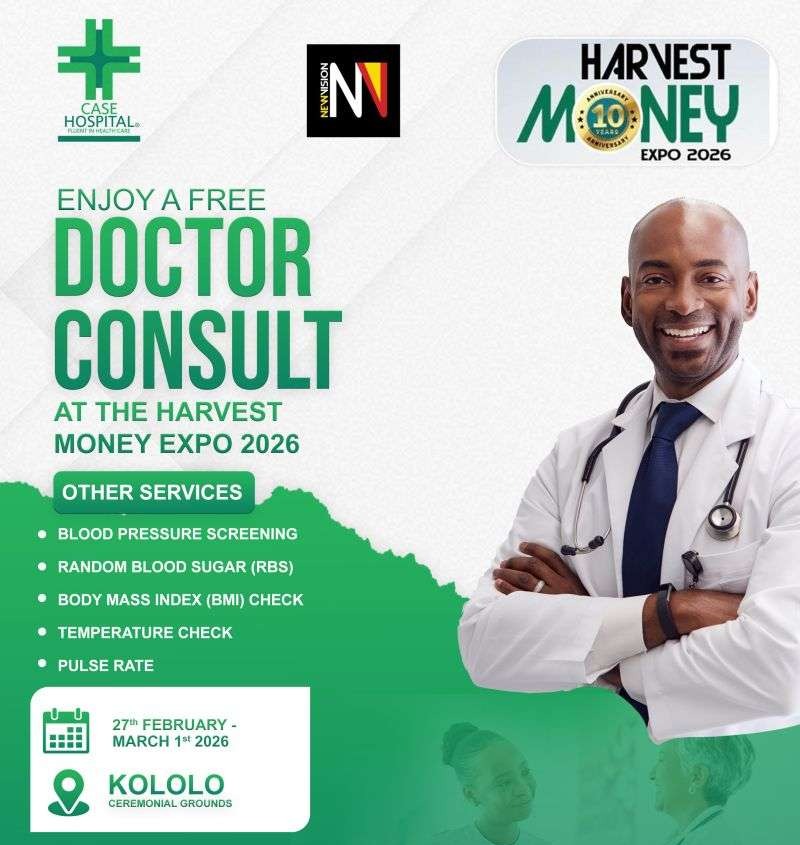 Free health checks flyer at Harvest Money Expo 2026 with a smiling doctor.