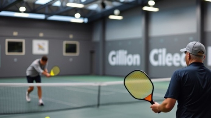 Sophisticated business editorial image featuring a pickleball facility with data visualization.