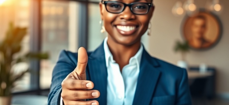 Elegant African professional in modern attire greeting with handshake in bright office.