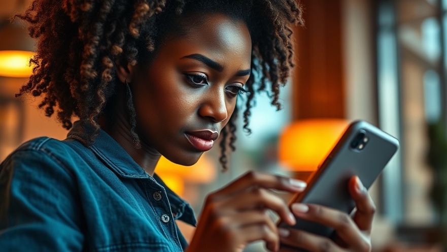 Young African woman focused on smartphone for time management and motivation.