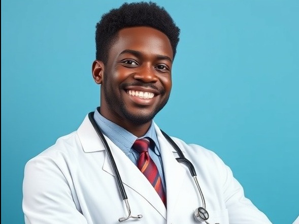 Confident African doctor showcasing AI in healthcare innovations against a vibrant blue backdrop.