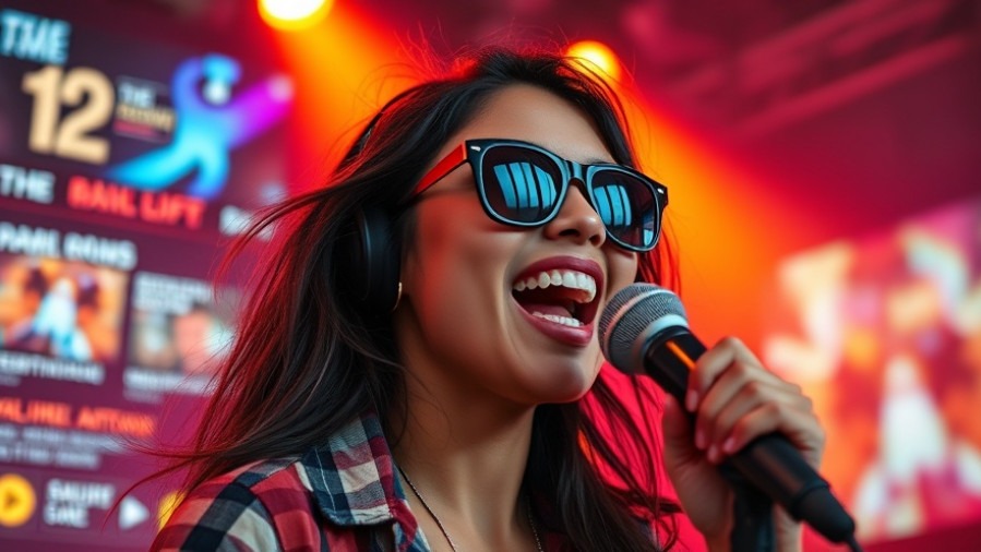Energetic young Hispanic singer in sunglasses enjoying popular western music, vibrant background.