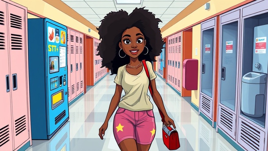 Confident young African woman in a colorful school hallway, promoting mental well-being resources.