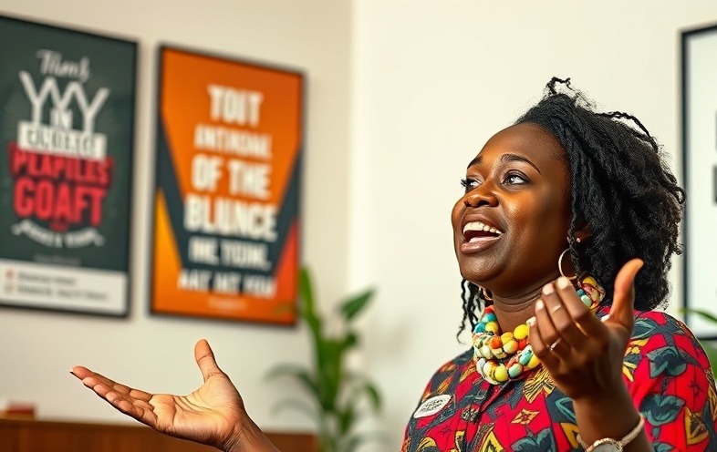 Enthusiastic Ugandan woman presenting on technology and education in Kampala.