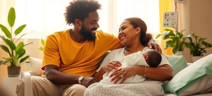 Caring doctor with joyful African mother and child in bright hospital room, showcasing affordable healthcare.