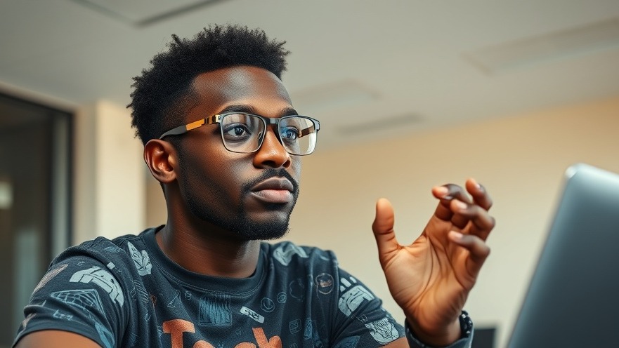Thoughtful African filmmaker engaging in AI code assistance video chat in an office.