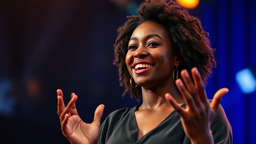 Confident African woman smiling on stage, embodying positive thinking and growth mindset benefits.