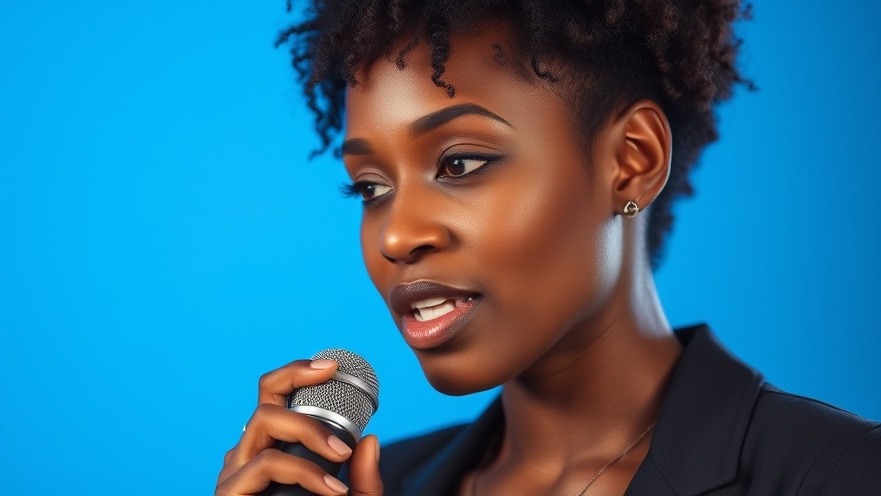 Confident African woman speaking on gene editing in biotechnology, blue-lit studio.