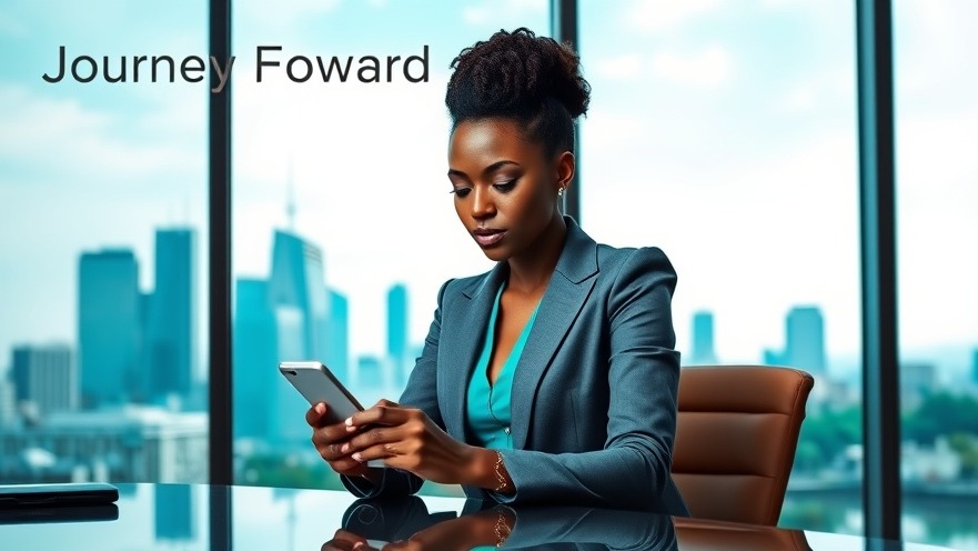 African woman professional confidently working at a classy office desk with social media board.