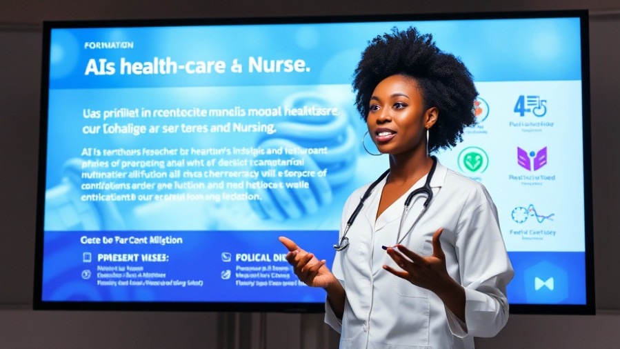 Professional African female speaker presenting Artificial Intelligence in healthcare and nursing education.