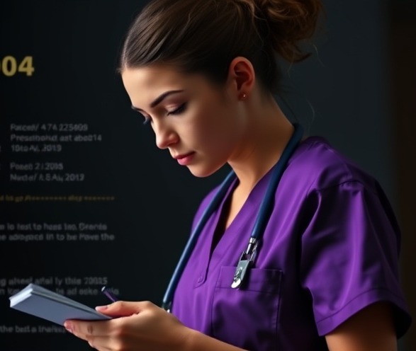Young nurse in purple scrubs analyzing nursing salaries data, focused and detailed.