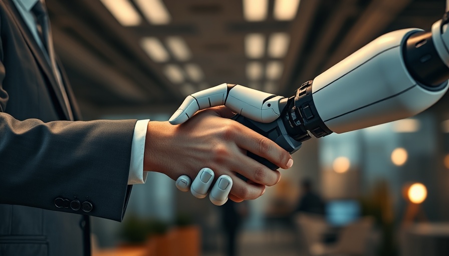 Business AI concept with human and robot handshake in dimly lit office.