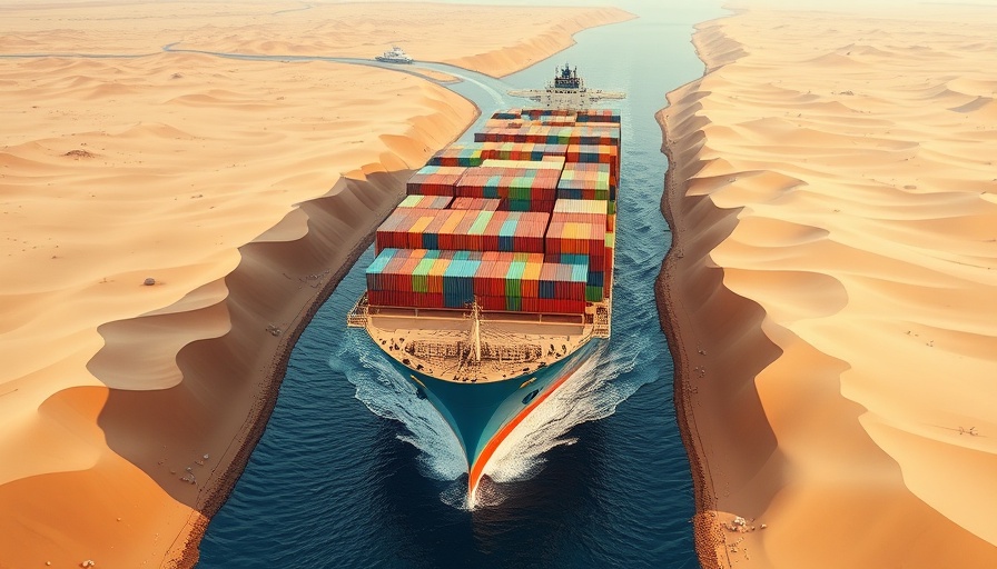 Massive container ship in Suez Canal against desert backdrop.