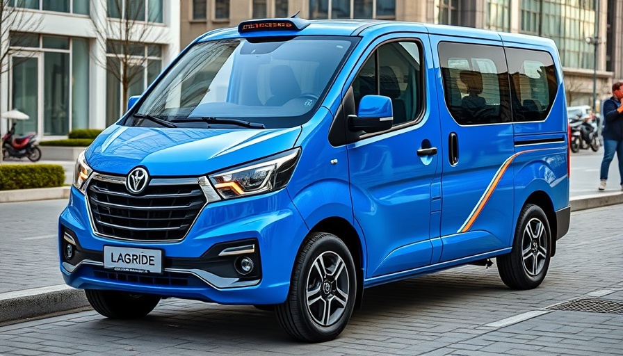 Blue LagRide vehicle parked in urban setting, CIG Motors feature