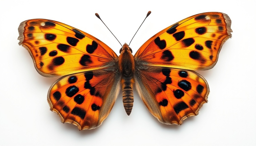 Illustration of extinct Philibert's leopard butterfly, orange wings with spots.