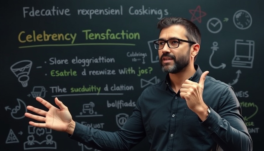 Confident presenter discussing AI-powered document understanding with illustrations.