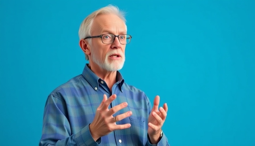 Older male presenting on AI bug fixing with blue background.