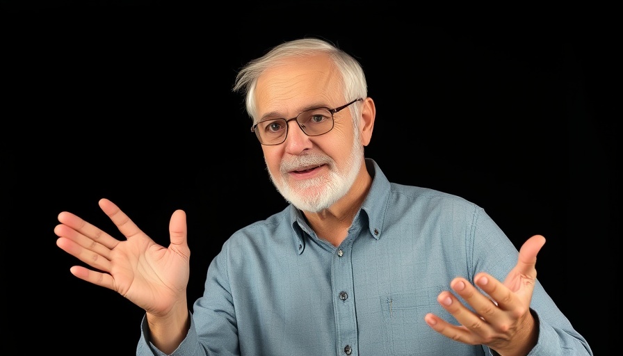 Older man explaining AI on black background.
