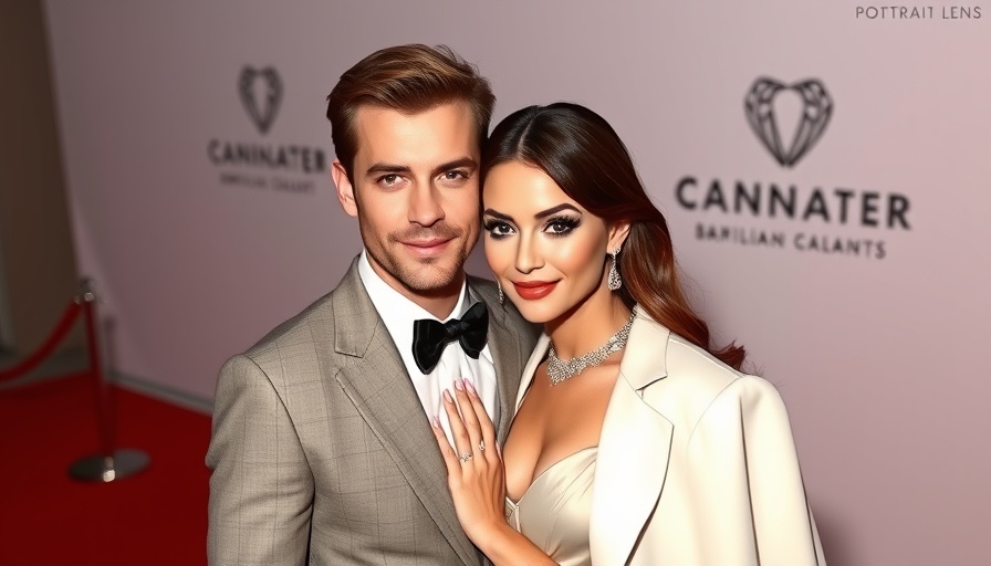 Stylish couple on red carpet in elegant attire, warm lighting.
