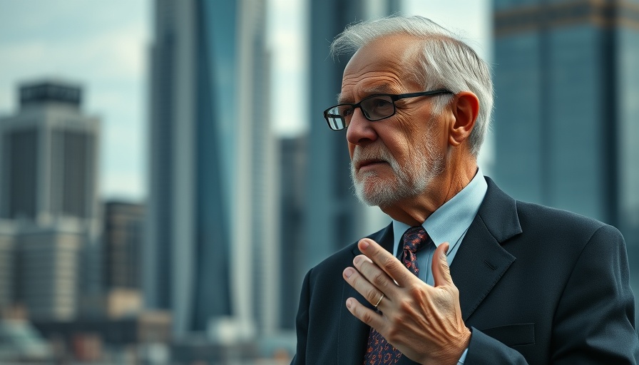 Thoughtful elderly man gesturing against an urban backdrop, discussing GPU technology in AI.