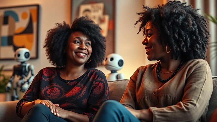 Friendly African women discuss robotic advancements in a cozy setting with warm lighting.
