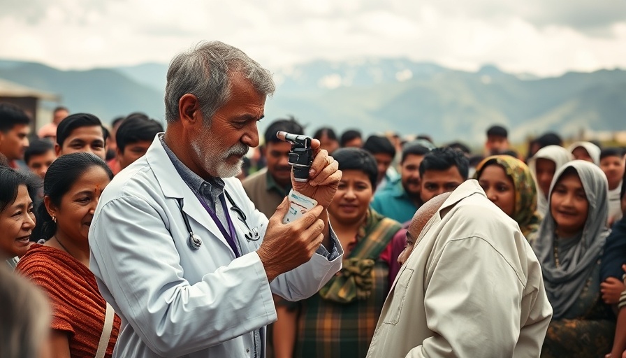 Doctor performing eye exam in rural community highlighting cataract surgery for low-income patients.