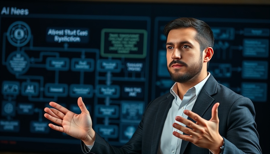 Confident man discusses 5 Types of AI Agents with flowchart backdrop.