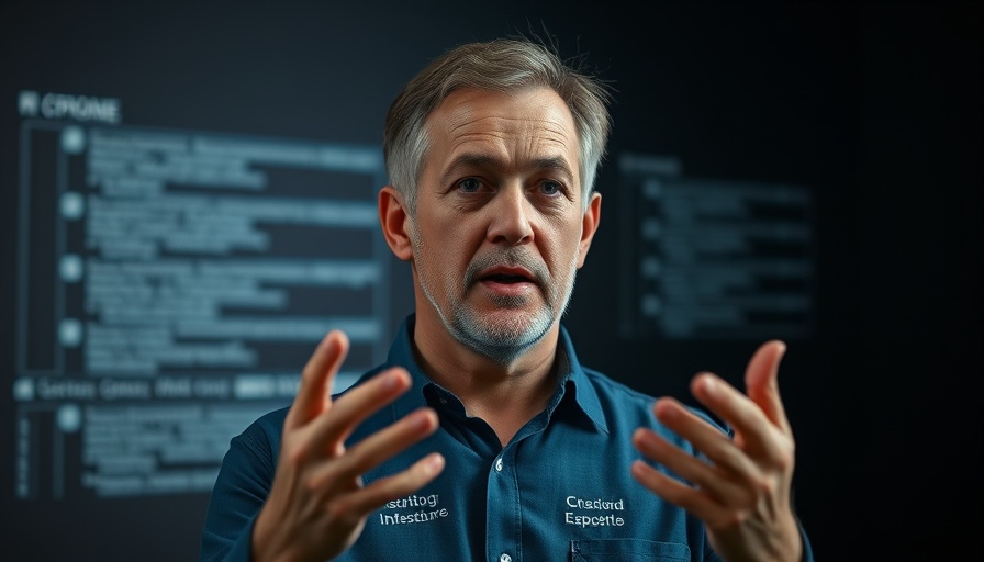 Middle-aged man discussing cyber threats with textual highlights.