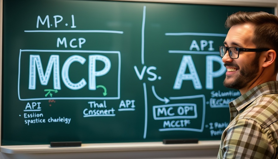 MCP vs API concept, presenter explaining on digital board.