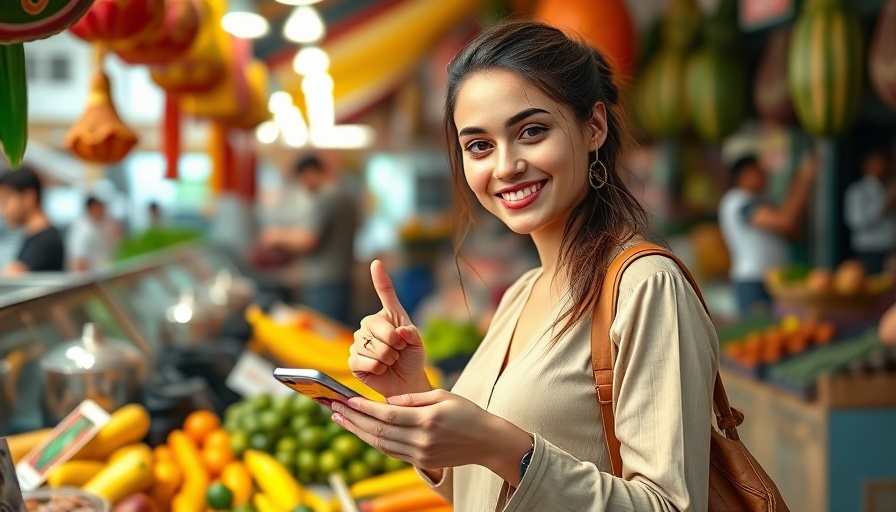 Young woman smiles and uses mobile payment at lively market. Nigerian Banks Process ₦76.5 Trillion Payments.
