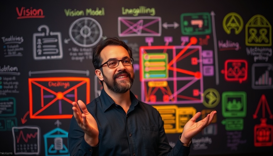 Man explaining Vision Language Models with neon diagram sketches on a black background.