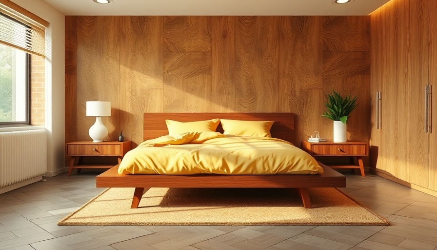 Butter yellow bedding on a wooden bed in a stylish bedroom, mid-century design.