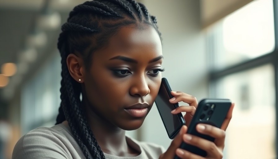 Serious woman on phone in modern setting, authentic African storytelling.