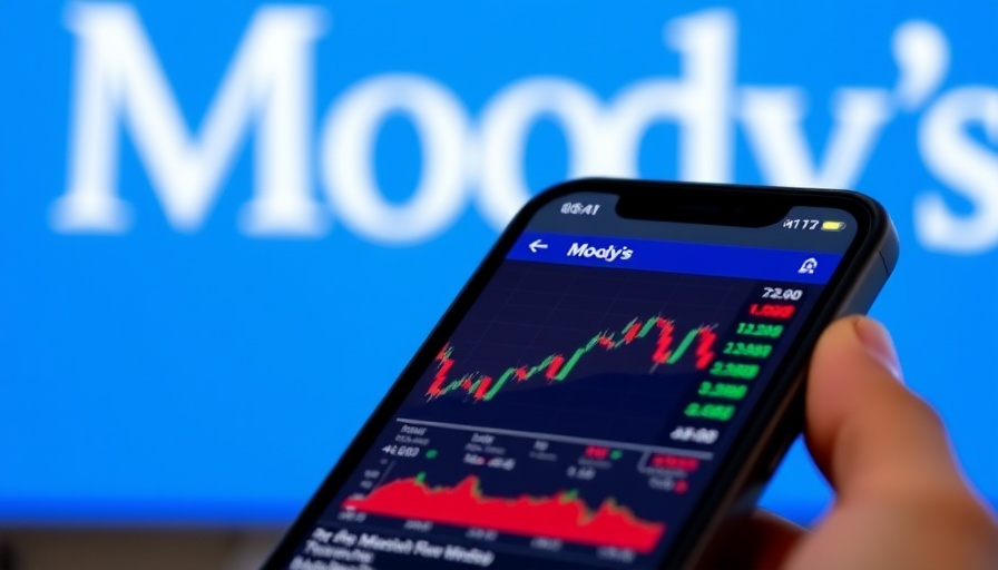 Smartphone with stock chart in front of Moody's logo, illustrating Moody's credit downgrade effects on trade.