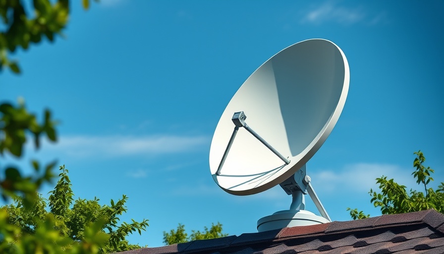 Starlink satellite dish on rooftop amidst greenery, clear sky.
