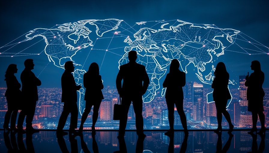 Deglobalization in trade concept with global network and city skyline.