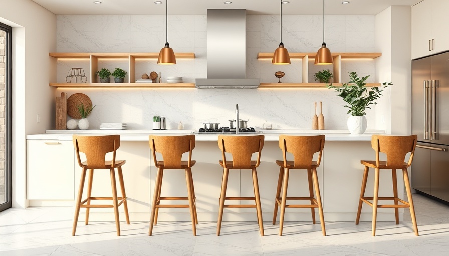 Stylish kitchen with wooden bar stools for elevated entertaining, elegant setup.