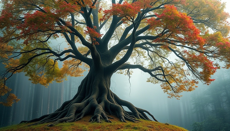 Surreal depiction of Australia's king eucalyptus tree in a mystical forest.