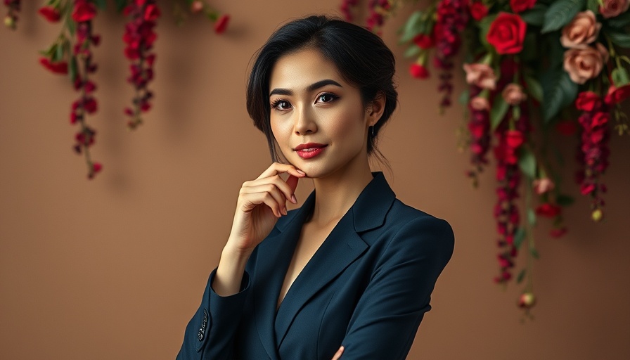 Confident woman posing thoughtfully with floral backdrop.