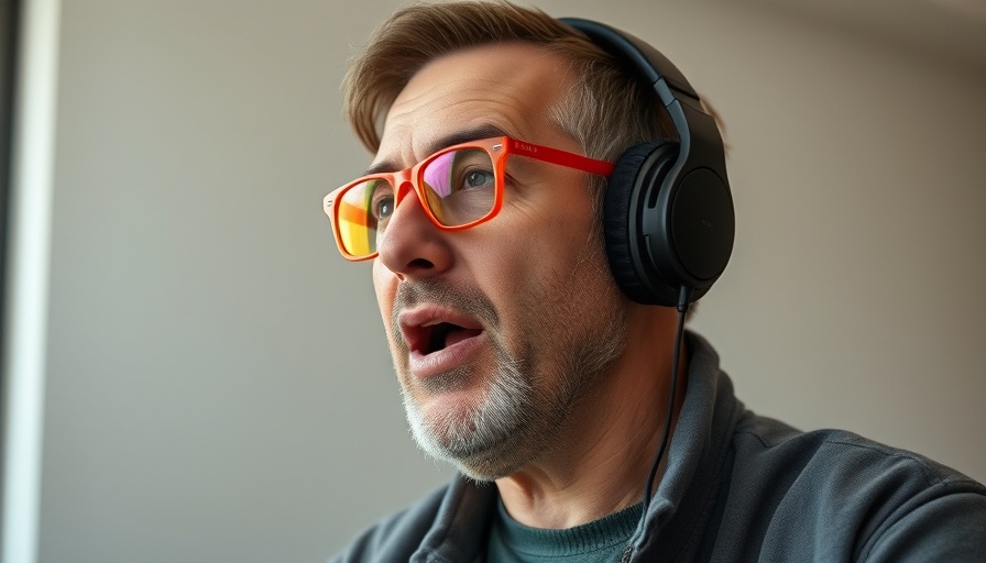 Casual man with glasses demonstrating AI behavior, indoor setting.