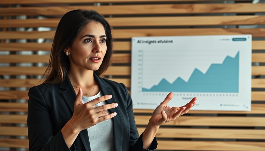 Woman discussing AI graphs with text overlay on modern background.