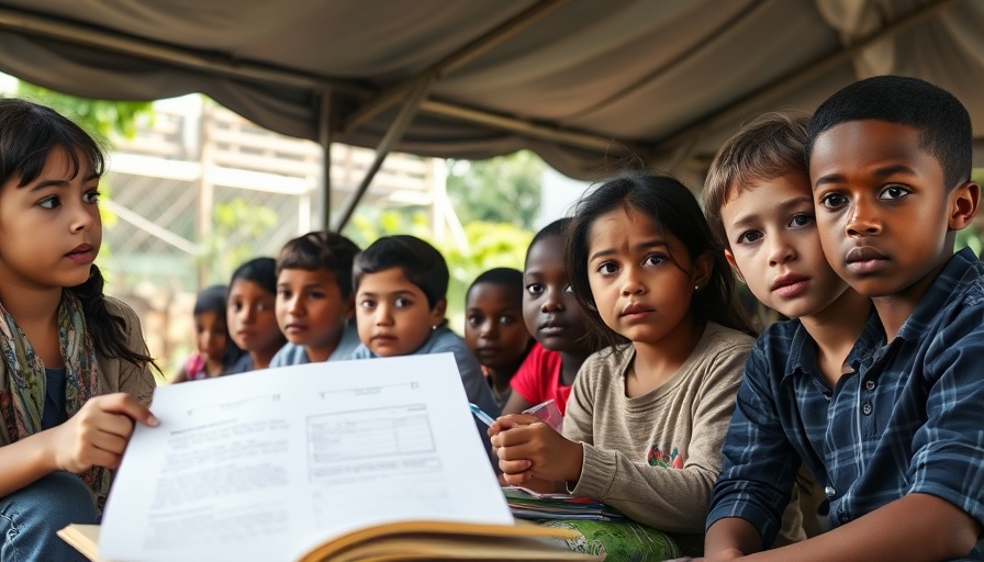 Children discuss education under a canopy in Gwalada, highlighting access issues.