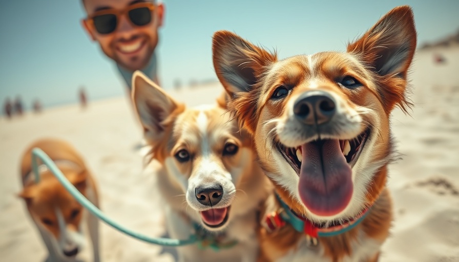 Man with dogs on sandy beach; pet biometrics for lost animals.