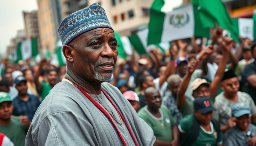 Nigeria's Democracy Progress Challenges: Elder statesman and crowd with flag.
