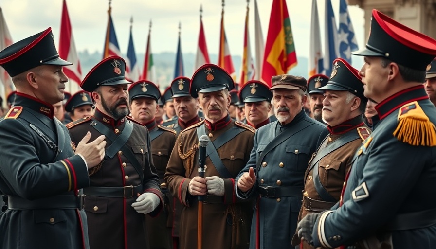 Group in military uniforms standing against the right at a public event.