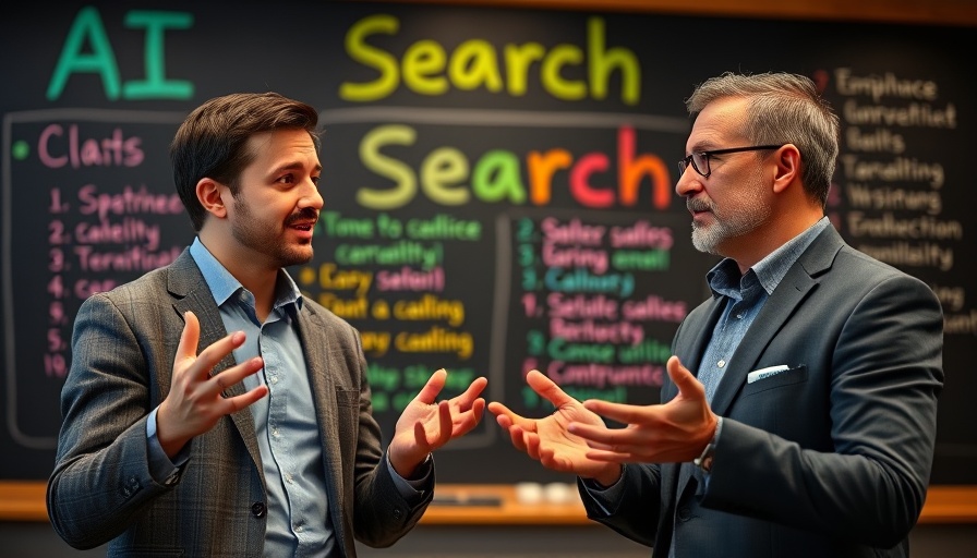 Presenters discussing AI Search against a colorful blackboard background.