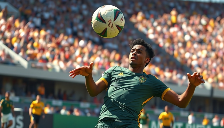 South African player in intense mid-air soccer action at stadium.